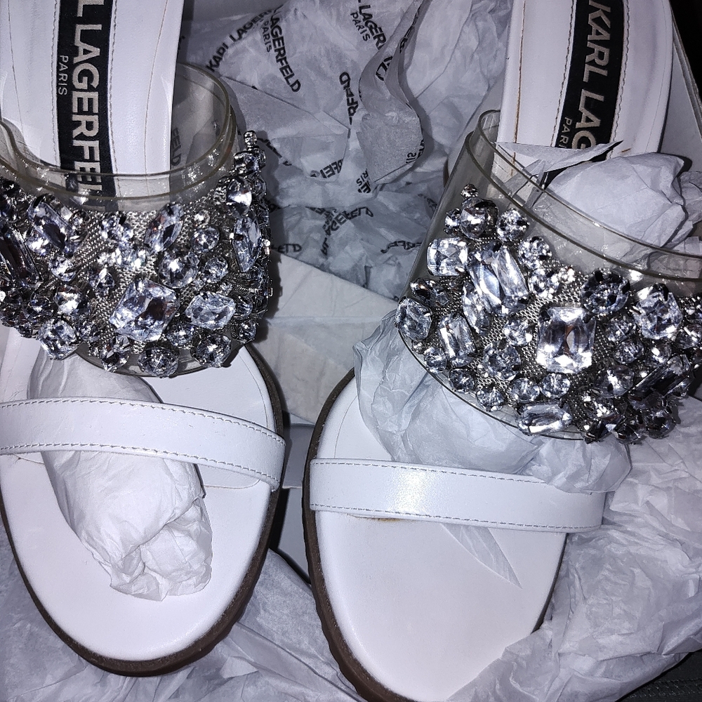 Karl Lagerfeld White Crystal Embellished Sandals